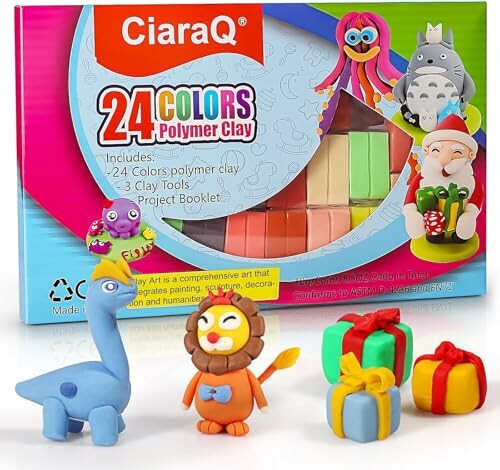 Polymer clay set with colorful blocks, tools, and animal figurines.