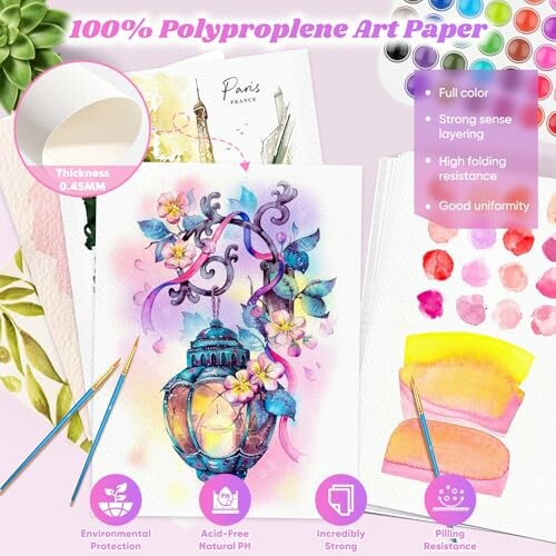 Colorful art paper with flowers, paintbrushes, and paper details.