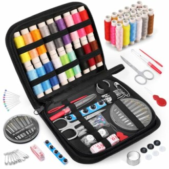 Portable sewing kit with threads, scissors, needles, and accessories.