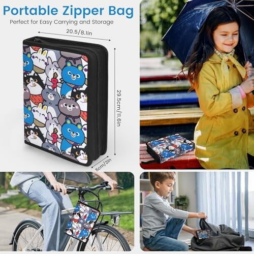 Portable zipper bag with cartoon design, used by children and adults.