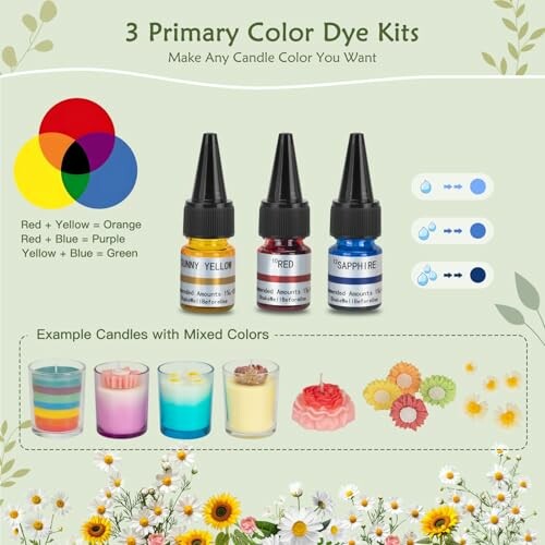 Primary color dye kits for candle making with example candles.
