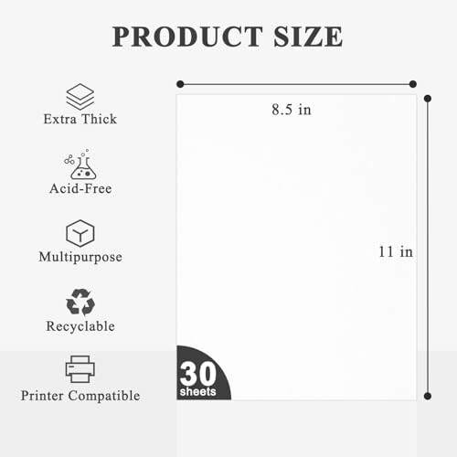 Product size chart showing 8.5 by 11 inches paper with features: extra thick, acid-free, multipurpose, recyclable, printer compatible, 30 sheets.