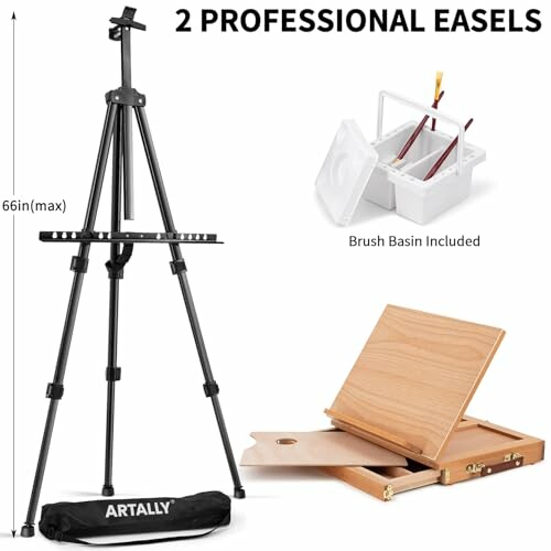 Set of two professional easels with brush basin and wooden palette.