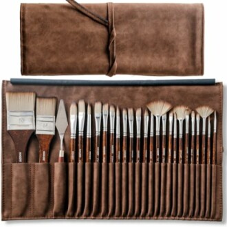 Set of professional paint brushes and tools in a leather case.