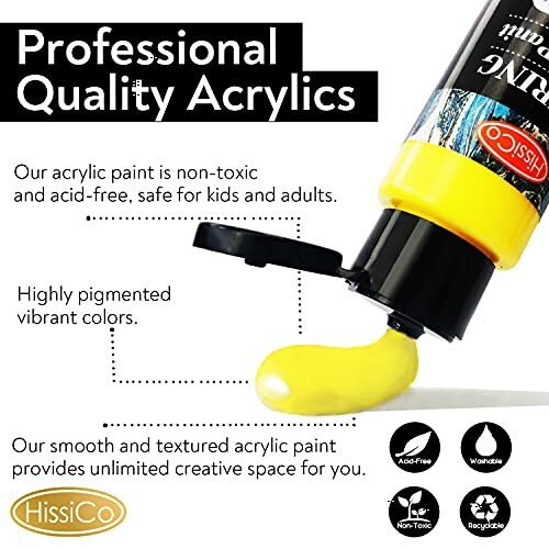 Tube of yellow acrylic paint with text highlighting features like non-toxic and highly pigmented colors.