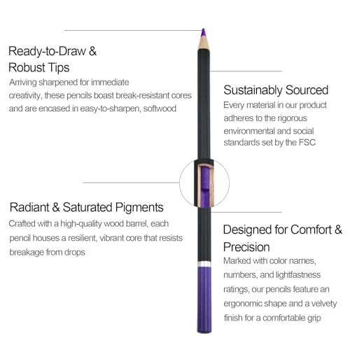 Purple pencil with features: robust tips, sustainably sourced, vibrant pigments, ergonomic design.