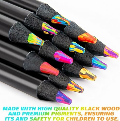 Close-up of rainbow-colored pencils with black wood.