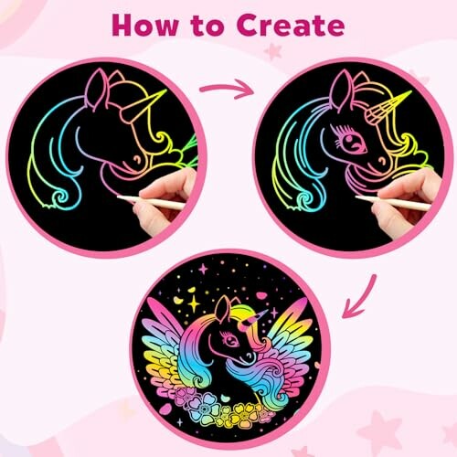Step-by-step rainbow unicorn scratch art creation.
