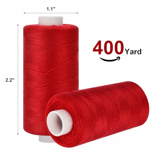 Two red sewing thread spools, one standing and one lying down, labeled 400 yards.