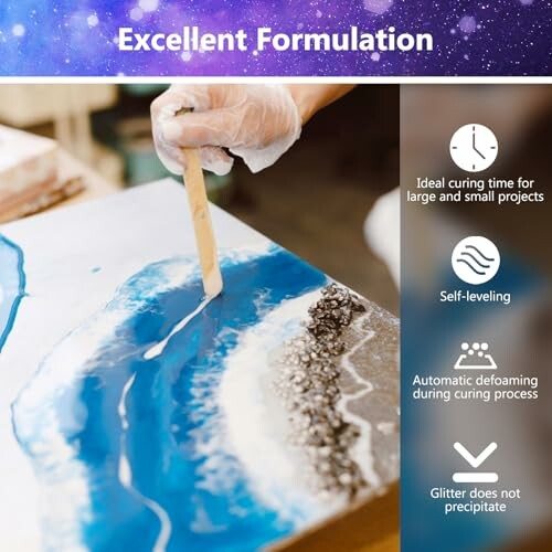 Person creating resin art with blue and white colors, showcasing features like ideal curing time, self-leveling, and defoaming.