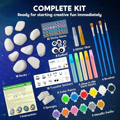 Contents of a complete rock painting kit including rocks, paints, brushes, gems, and more.