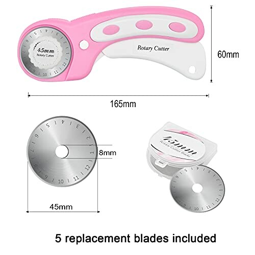 Rotary cutter with 5 replacement blades, 45mm and 60mm sizes.