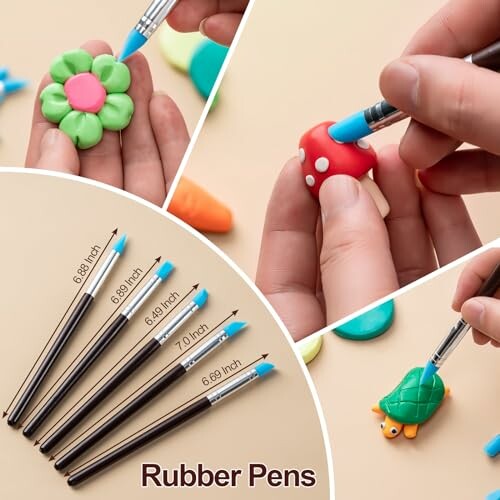 Rubber pens used for crafting with clay, featuring flower and turtle shapes.