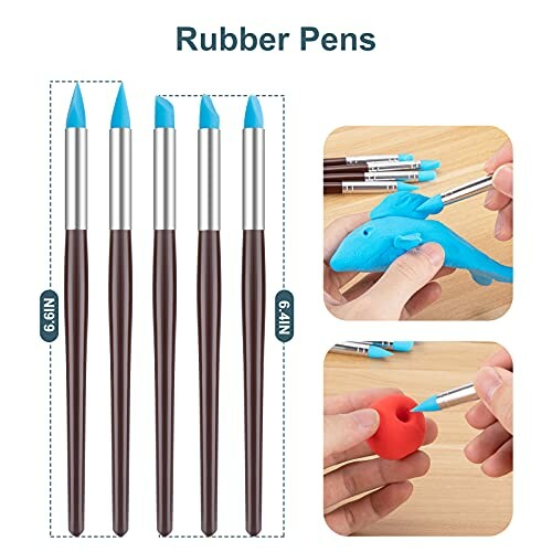 Set of rubber-tipped sculpting pens with demonstration of use on clay.