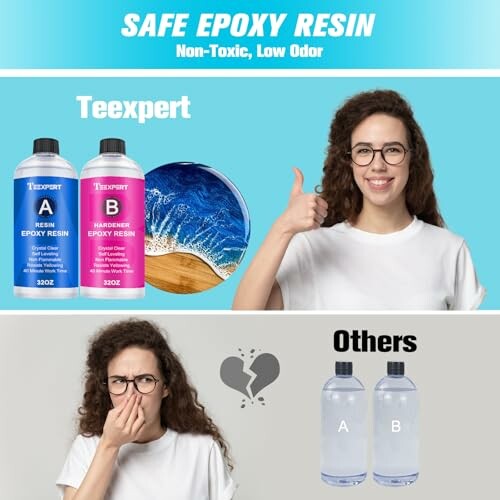 Comparison of safe epoxy resin with non-toxic, low odor features and a person showing approval.