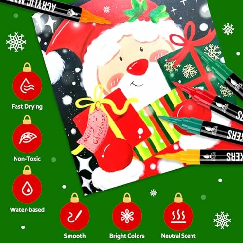 Christmas-themed art supplies with Santa illustration and markers.