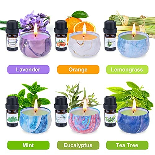 Six scented candles with essential oils: lavender, orange, lemongrass, mint, eucalyptus, tea tree.