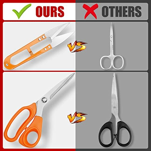 Comparison of two types of scissors, ours in orange and others in gray.