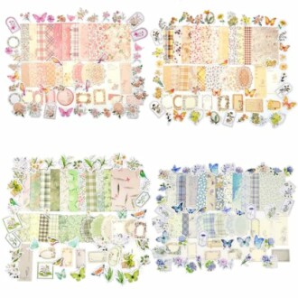 Four sets of scrapbook paper designs with floral and butterfly themes in pink, orange, green, and blue.