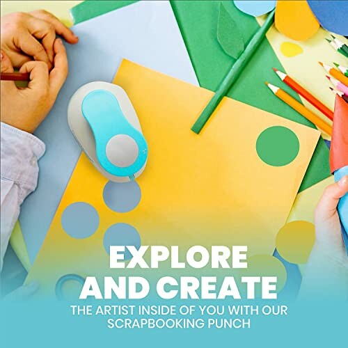 Hands using scrapbooking supplies with colorful paper and punch.