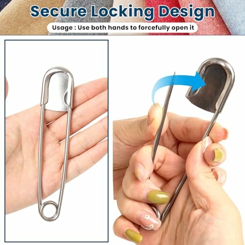 Hands demonstrating a secure locking safety pin with a forceful opening design.