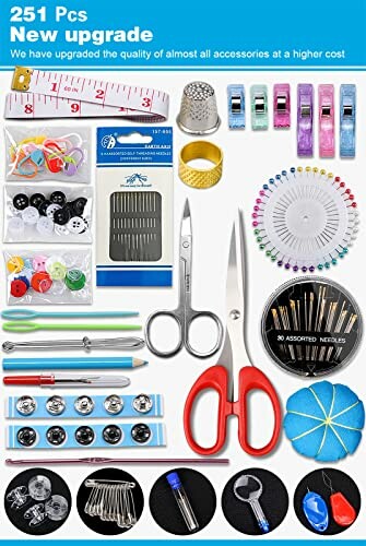 Comprehensive sewing kit with 251 pieces including needles, scissors, buttons, and more.