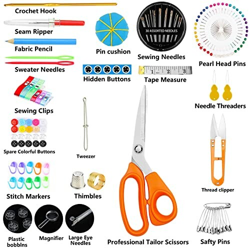Various sewing tools including scissors, needles, pins, and thread.