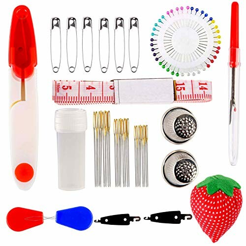 Assorted sewing kit items including seam ripper, needles, pins, thimbles, tape measure, and threaders.