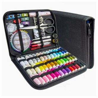 A comprehensive sewing kit with colorful threads, scissors, and sewing tools in a zippered organizer.