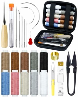 Comprehensive sewing kit with threads, needles, and tools.