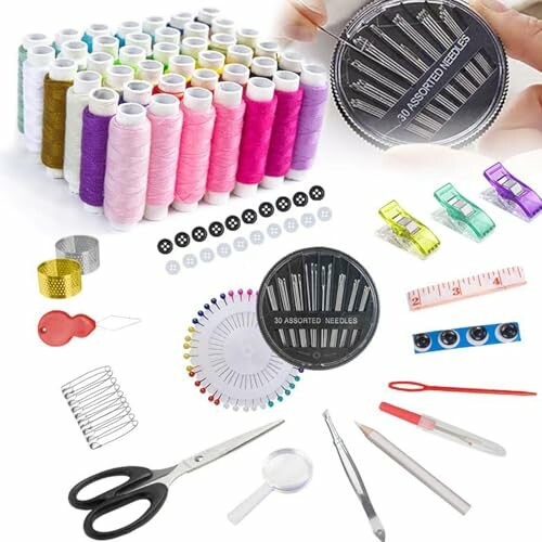 Assorted sewing supplies including threads, needles, scissors, and measuring tools.