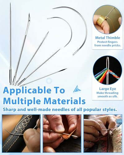 Various sewing needles, metal thimble, and hands sewing leather.