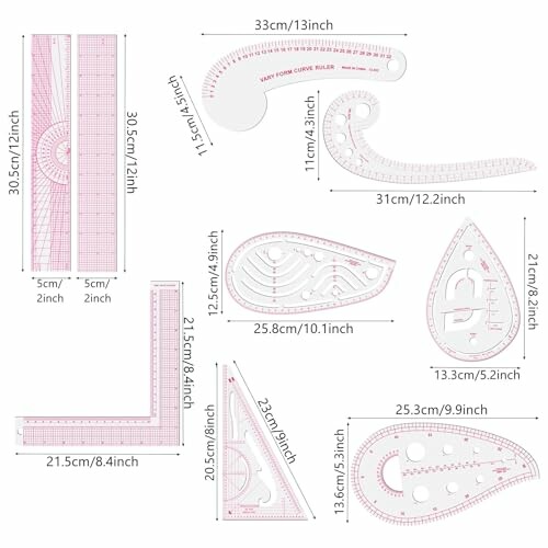 Set of sewing pattern rulers with measurements.