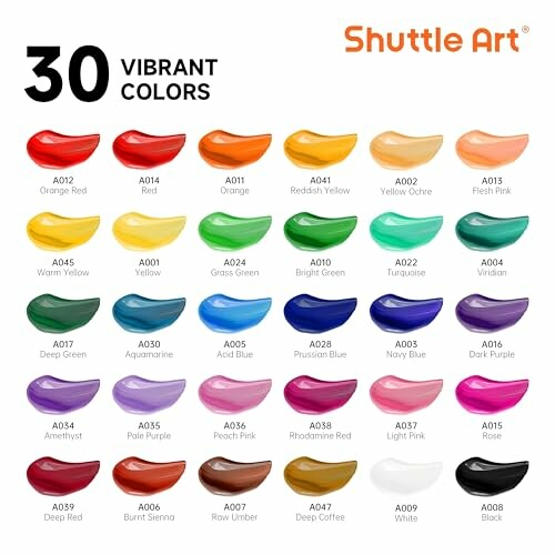 Palette of 30 vibrant paint colors by Shuttle Art.