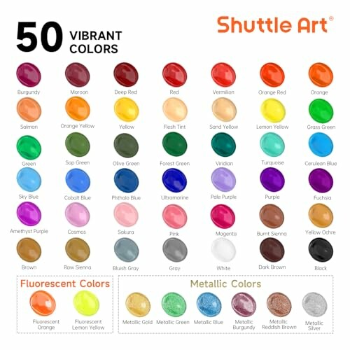 Color chart displaying 50 vibrant paint colors from Shuttle Art.