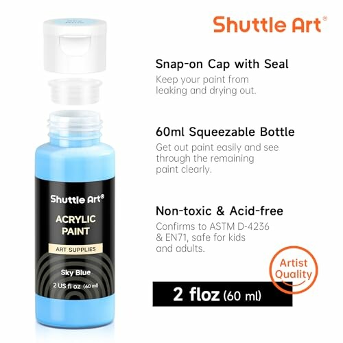 Shuttle Art acrylic paint bottle with snap-on cap and label details.