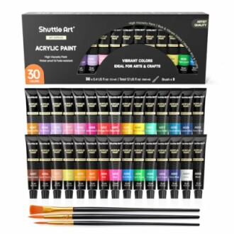 Shuttle Art acrylic paint set with 30 colors and brushes.