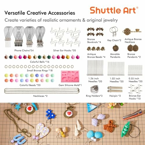 Creative accessories including beads, pendants, and jewelry-making tools.