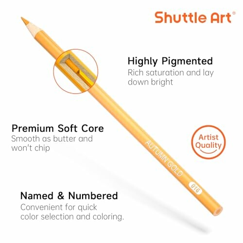 Shuttle Art orange colored pencil highlighting features like highly pigmented, premium soft core, and artist quality.