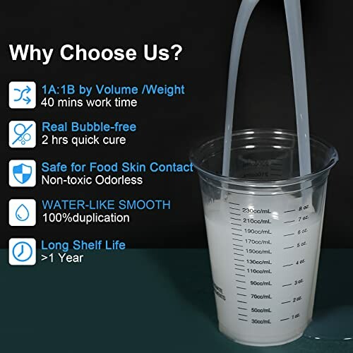 Silicone mixing cup with benefits listed: 1:1 ratio, bubble-free, safe for food contact, smooth, long shelf life.