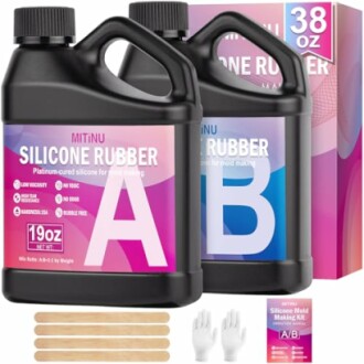 Silicone rubber mold making kit with bottles labeled A and B, wooden sticks, gloves, and packaging.