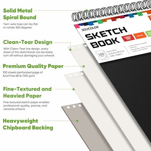 Features of a spiral-bound sketchbook with premium paper.