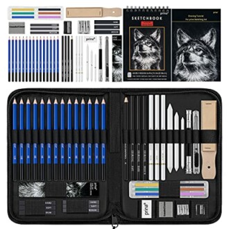 Complete sketching and drawing kit with pencils, sketchbook, and accessories.