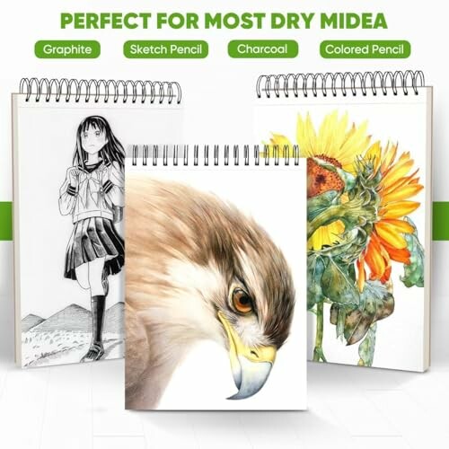 Three sketchpads featuring drawings of a girl, an eagle, and a sunflower, highlighting graphite, sketch pencil, charcoal, and colored pencil usage.