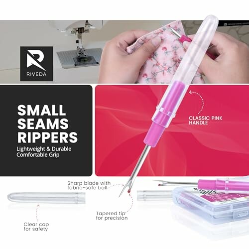 Small seam rippers with pink handles and clear caps.