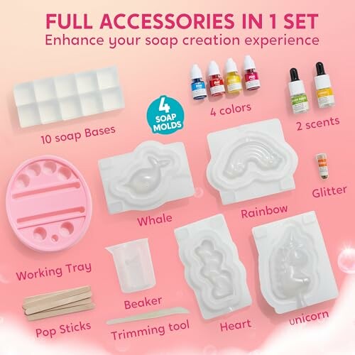 Soap making kit with molds, colors, scents, and tools.