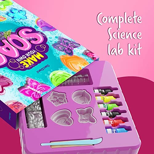 Soap making science kit with molds and color bottles.