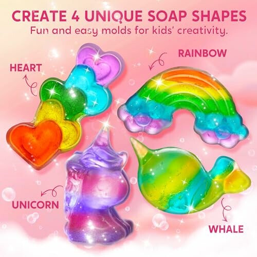 Four colorful soap shapes: heart, rainbow, unicorn, whale.