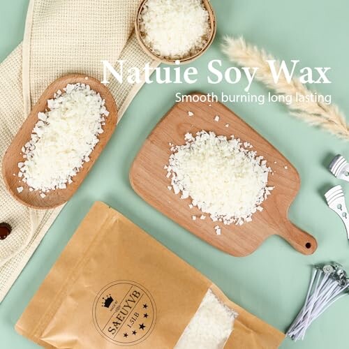Soy wax flakes on wooden boards with packaging.