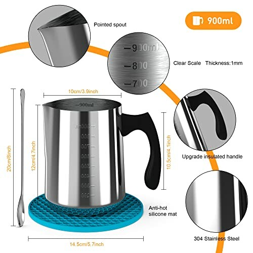 Stainless steel frothing pitcher with scale, handle, and accessories.